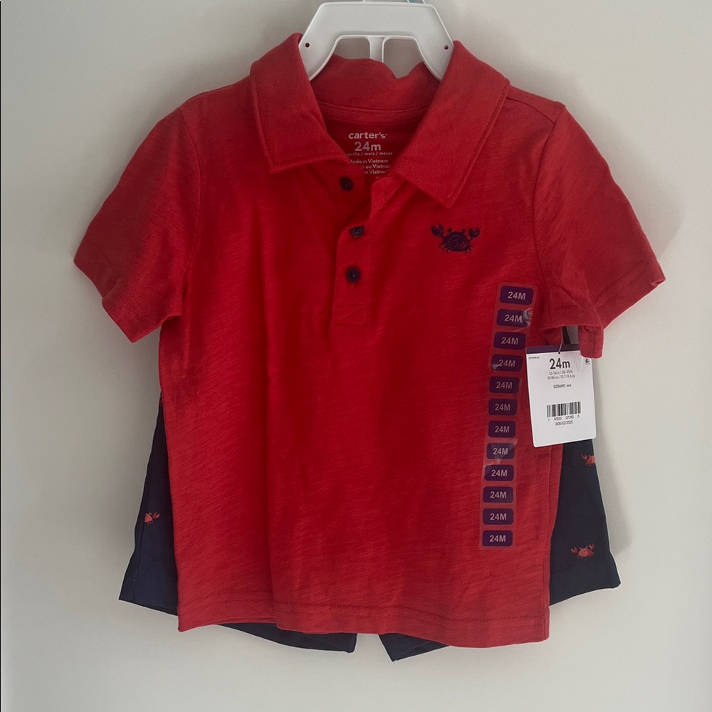 24 months Carter's Polo Shirt, blue shorts with crab, blue and white onesie